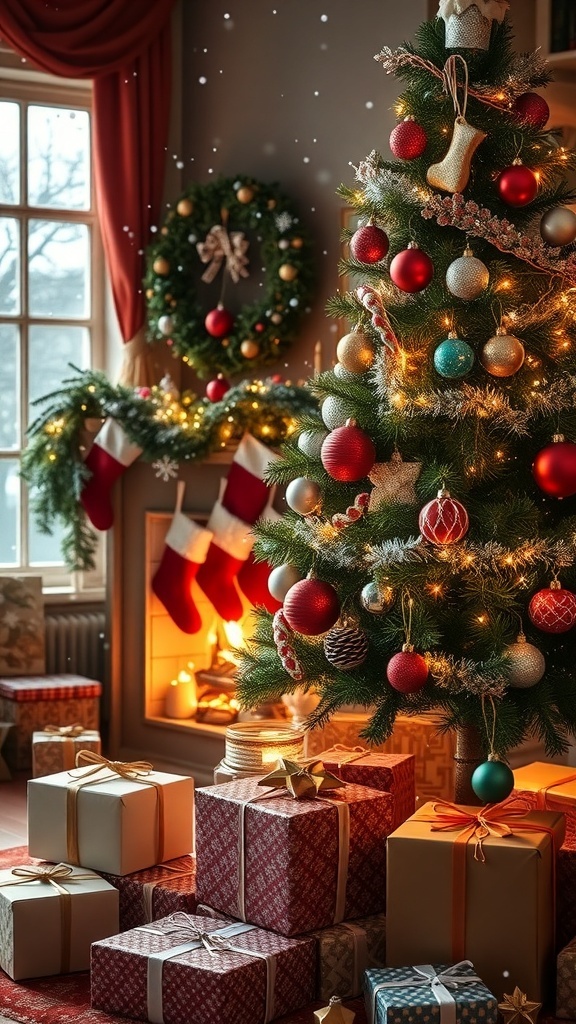 Merry Christmas Wishes in Hindi A decorated Christmas tree with gifts and a cozy fireplace, symbolizing the joy of Christmas.